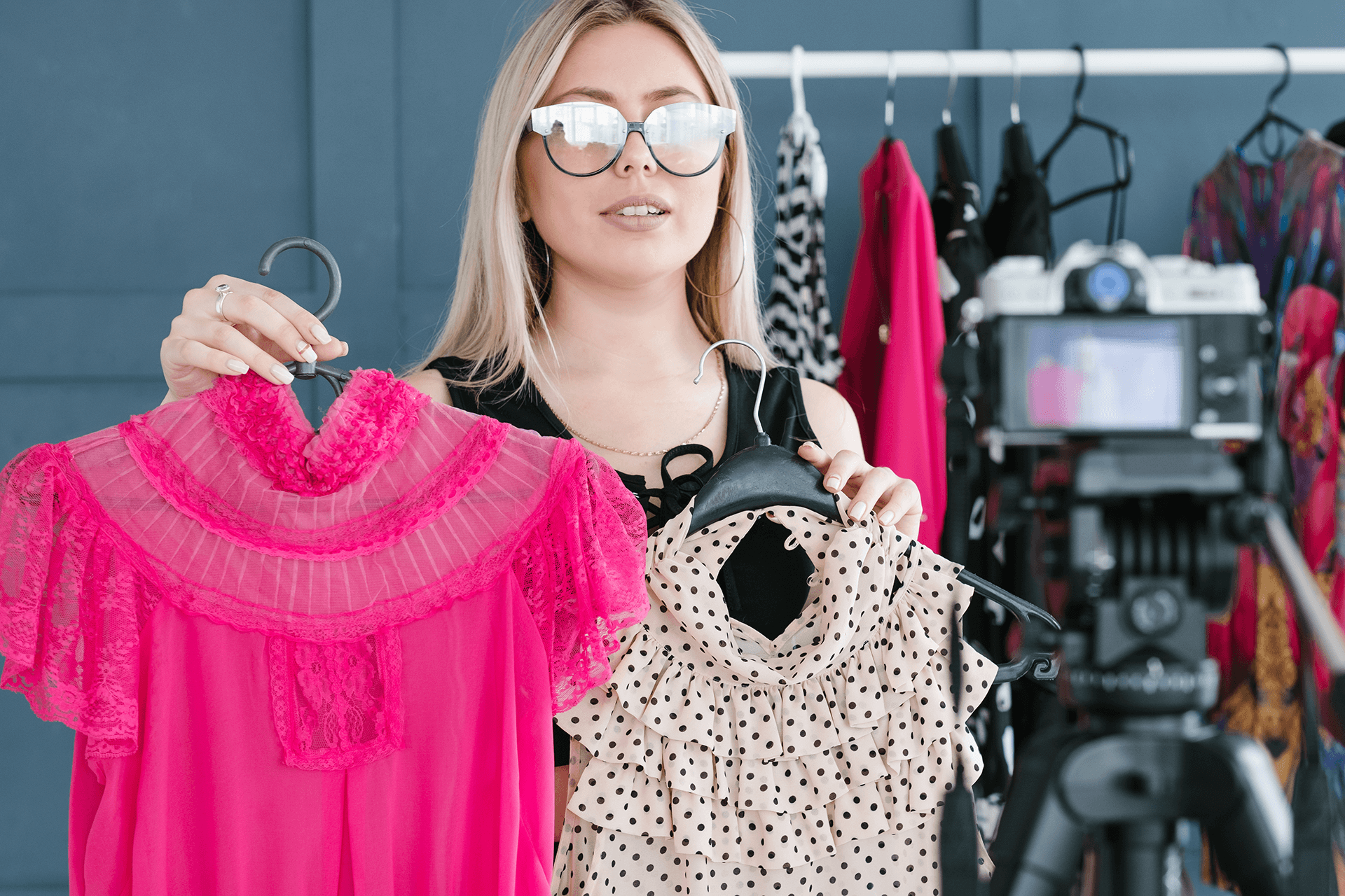 Social Media Woman Holding Clothes MLM ByDesign Technologies